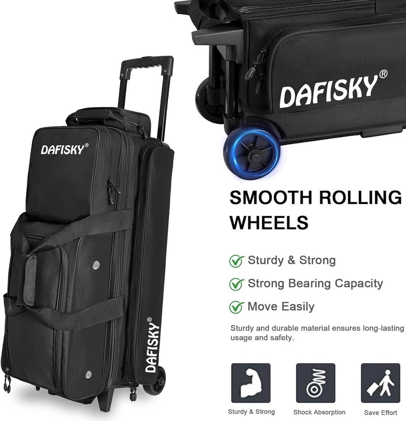 DAFISKY 3 ball bowling bags with wheels, bowling ball bag 3 ball roller with Multiple Pockets Retractable Handle - Image 3